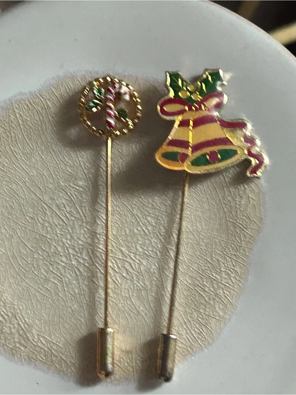 Christmas Stick Pins Gold & Enamel Holiday Bell & Holly Candy Cane CUTE - Lot 2